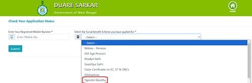 Taposili Bandhu Scheme Application Status