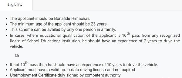 Eligibility of E Taxi Self Driving Yojana HP