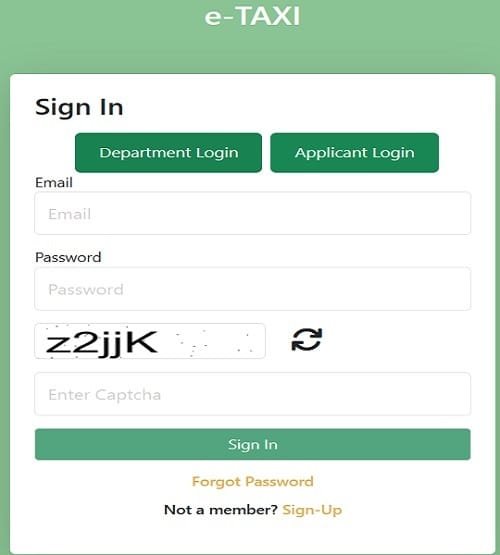 Login Form of E Taxi Self Driving Yojana HP