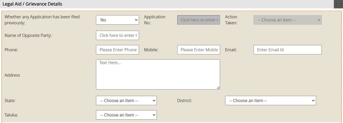 Fill Legal Aid and Grievance Details