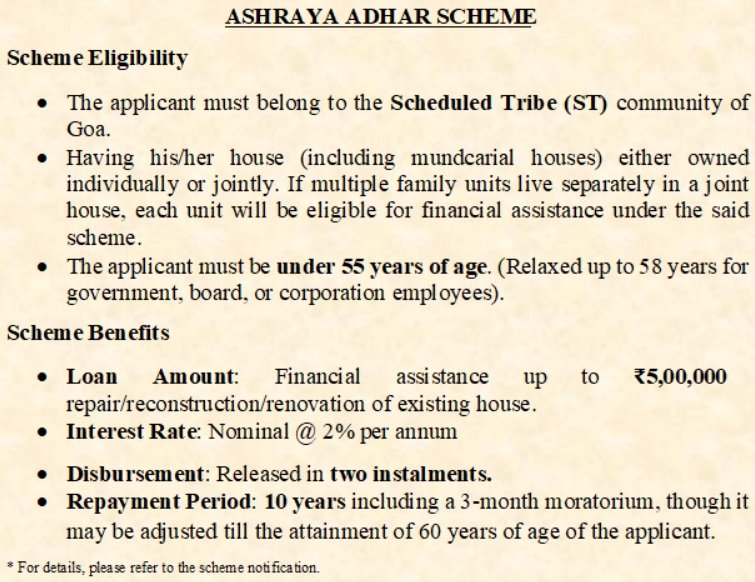 Benefits of Goa Ashraya Adhar Scheme